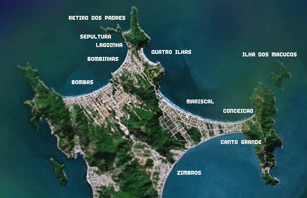 Mapa de Bombas y Bombinhas y las playas
